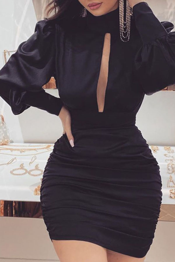 

Lovely Sweet Mandarin Collar Black Mini Dress