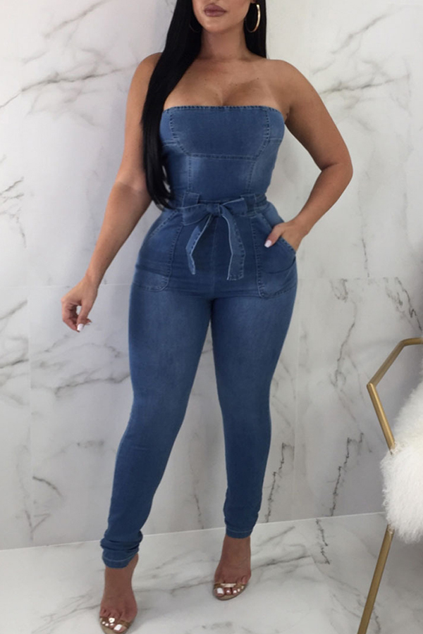 

Lovely Leisure Dew Shoulder Blue One-piece Jumpsuit