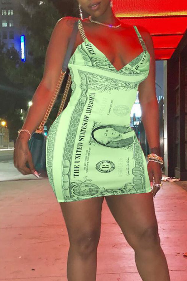 

Lovely Casual V Neck Print Green Mini Dress