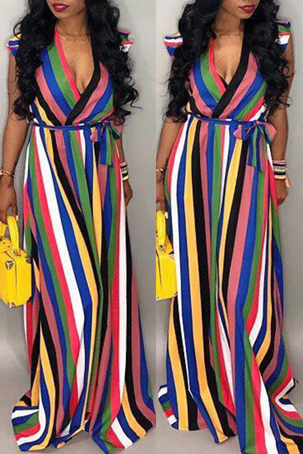 

Lovely Bohemian Striped Multicolor Maxi Dress, Multicolor stripe