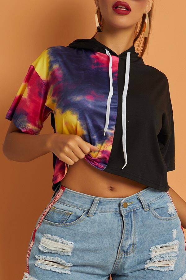 

Lovely Chic Patchwork Black Hooded Collar T-shirt