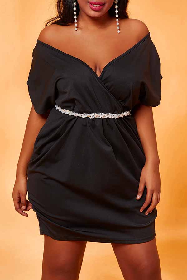 

Lovely Casual V Neck Black Plus Size Mini Dress
