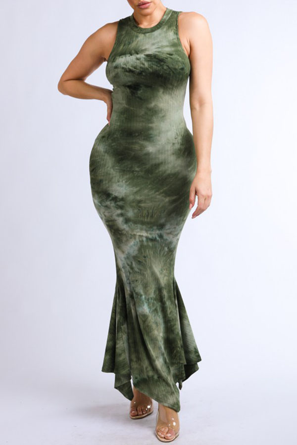 

Lovely Bohemian Gradual Change Print Green Ankle Length Dress