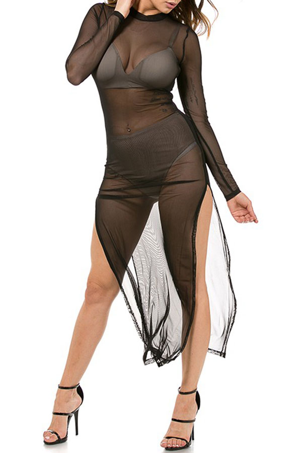 

Lovely Sexy O Neck See-through Black Mid Calf Dress