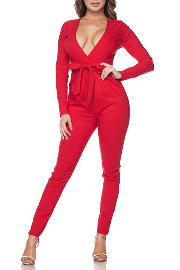 

Lovely Chic Deep V Neck Red One-piece Jumpsuit