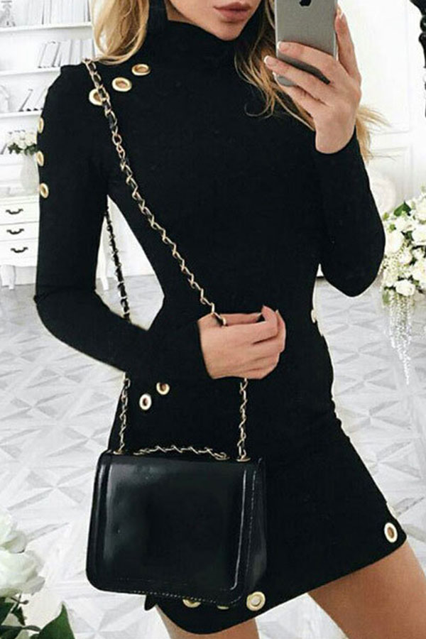 

Lovely Casual Turtleneck Button Black Mini Dress