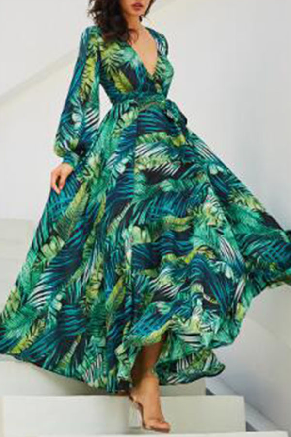 

Lovely Bohemian V Neck Print Green Maxi Dress