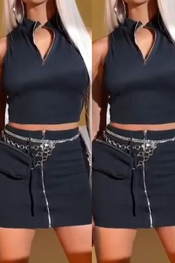 

Lovely Chic Zipper Design Black Two-piece Skirt Set