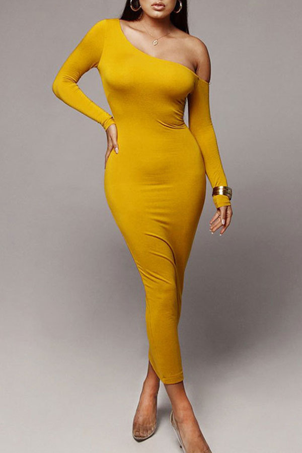 

Lovely Chic Dew Shoulder Yellow Ankle Length Dress