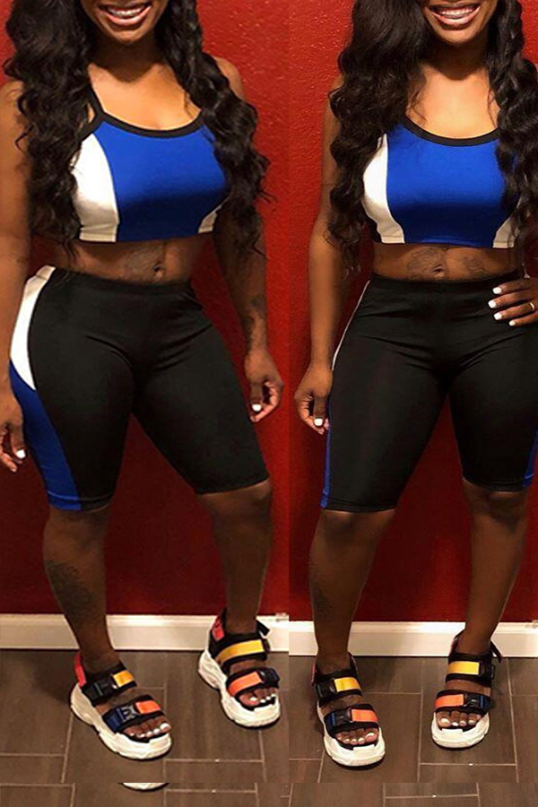 

Lovely Casual Patchwork Blue Two-piece Shorts Set