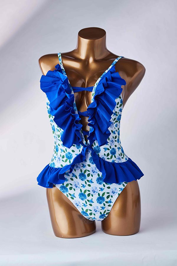 

Lovely Flounce Blue One-piece Swimsuit