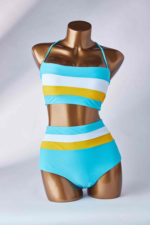 

Lovely Striped Acid Blue Two-piece Swimsuit