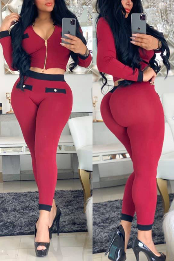 

Lovely Chic Zipper Design Red Two-piece Pants Set