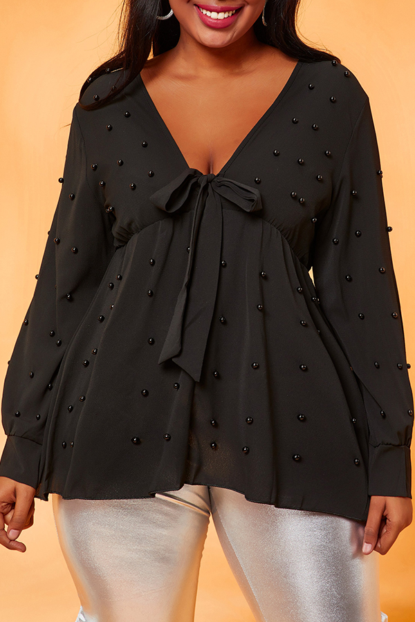

Lovely Casual Knot Design Black Plus Size Blouse