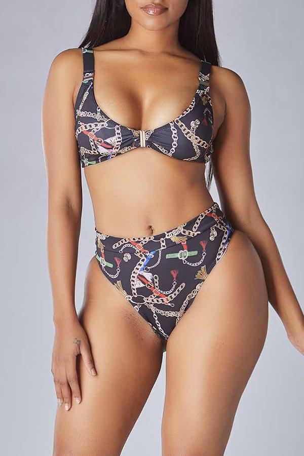 Lovely Spaghetti Strap Print Black Two-piece Swimsuit