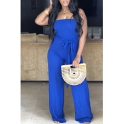 Lovely Casual Dew Shoulder Blue One-piece Jumpsuit