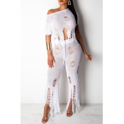 Lovely Chic Hollow-out White Two-piece Pants Set