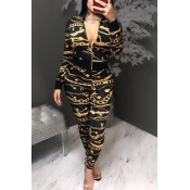 Lovely Casual Print Zipper Design Black Two-piece 