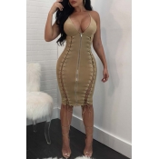 Lovely Sexy Drawstring Khaki Knee Length Dress