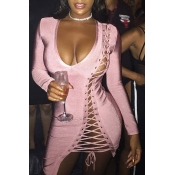 Lovely Sexy U Neck Hollow-out Pink Mini Dress