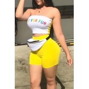 Lovely Casual Letter Print Yellow Two-piece Shorts
