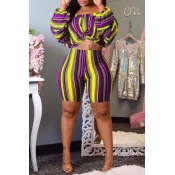 Lovely Casual Striped Yellow Two-piece Shorts Set