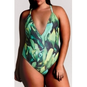 Lovely Print Green Plus Size One-piece Swimwear