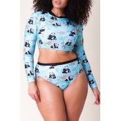Lovely Print Blue Plus Size Two-piece Swimsuit