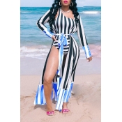 Lovely Striped Print Blue One-piece Swimsuit(With 
