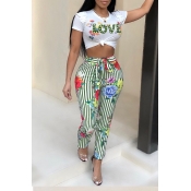 Lovely Casual Floral Print Green Two-piece Pants S