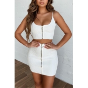 Lovely Casual Zipper Design White Two-piece Skirt 