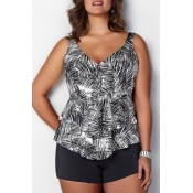 Lovely Print Black Plus Size Two-piece Swimsuit