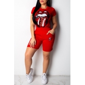 Lovely Trendy Lip Print Red Two-piece Shorts Set
