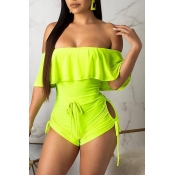Lovely Casual Dew Shoulder Flounce Green One-piece