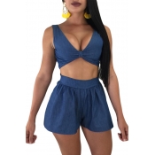 Lovely Casual Sleeveless Blue Two-piece Shorts Set