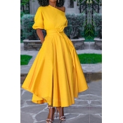 Lovely Chic Fold Design Yellow Ankle Length Dress