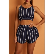 Lovely Trendy Striped Blue Two-piece Shorts Set
