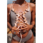 Lovely Flounce Design Grey One-piece Swimsuit