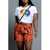 Lovely Chic Lip Print Oange Two-piece Shorts Set