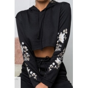 Lovely Chic Hooded Collar Black Two-piece Pants Se