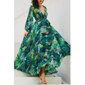 Lovely Bohemian V Neck Print Green Maxi Dress