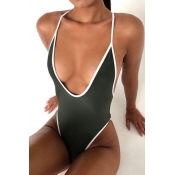 Lovely V Neck Army Green One-piece Swimsuit