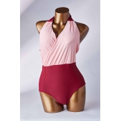 Lovely Patchwork Purplish Red One-piece Swimsuit
