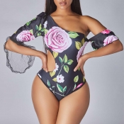 Lovely Hollow-out Print Black One-piece Swimwear