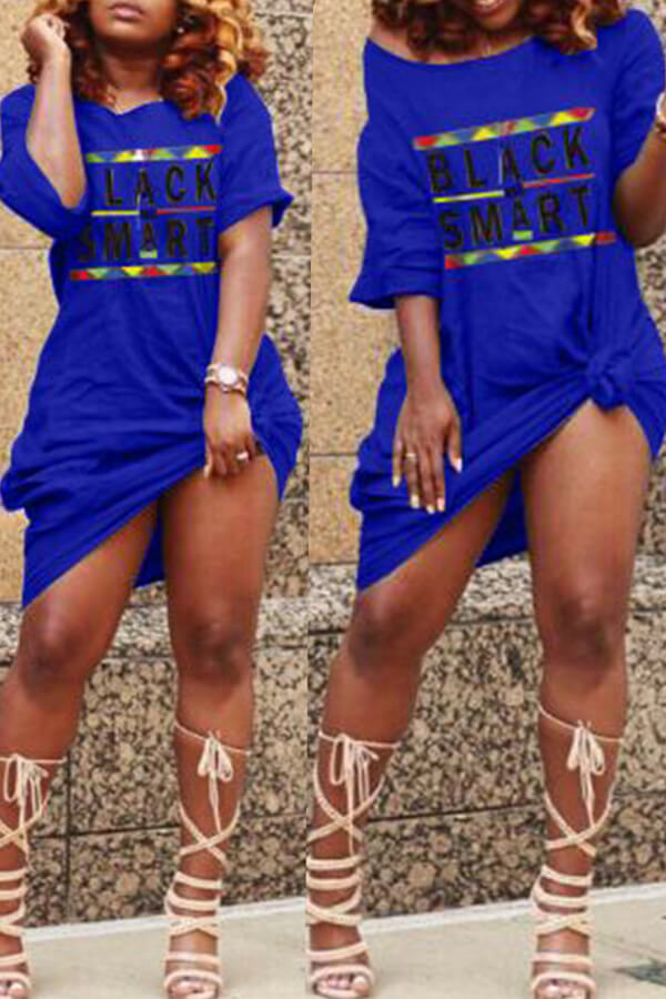 

Lovely Casual Letter Print Royal Blue Knee Length T-shirt Dress, Royalblue