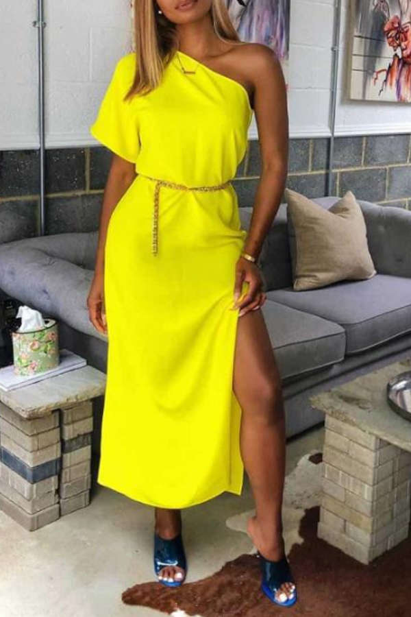 

Lovely Casual One Shoulder Yellow Mid Calf Dress