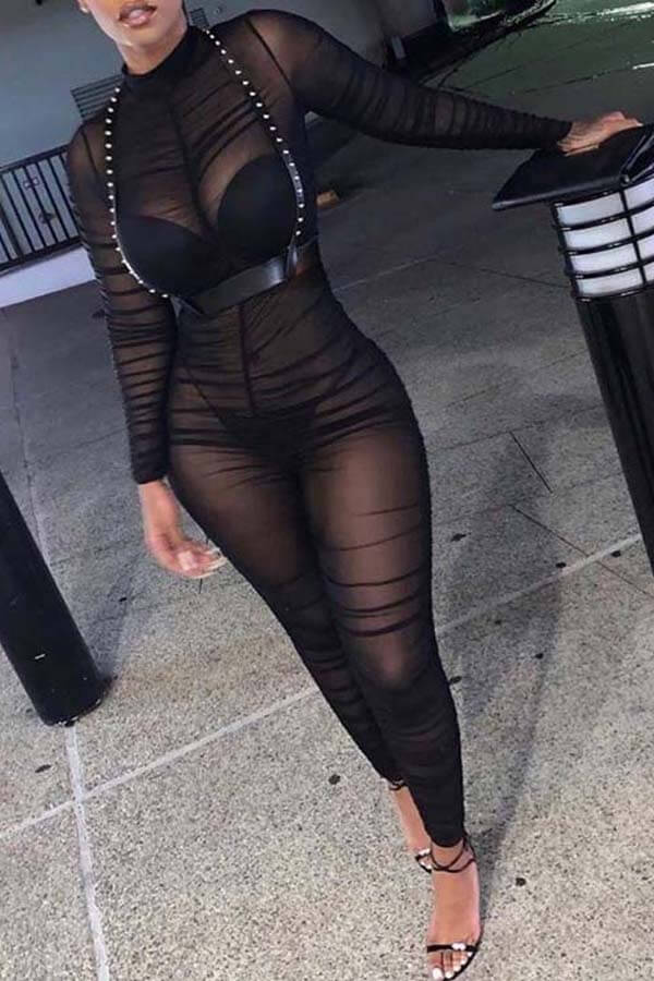 

Lovely Chic See-through Black One-piece Jumpsuit