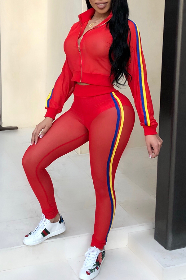 

Lovely Casual Striped See-through Red Two-piece Pants Set