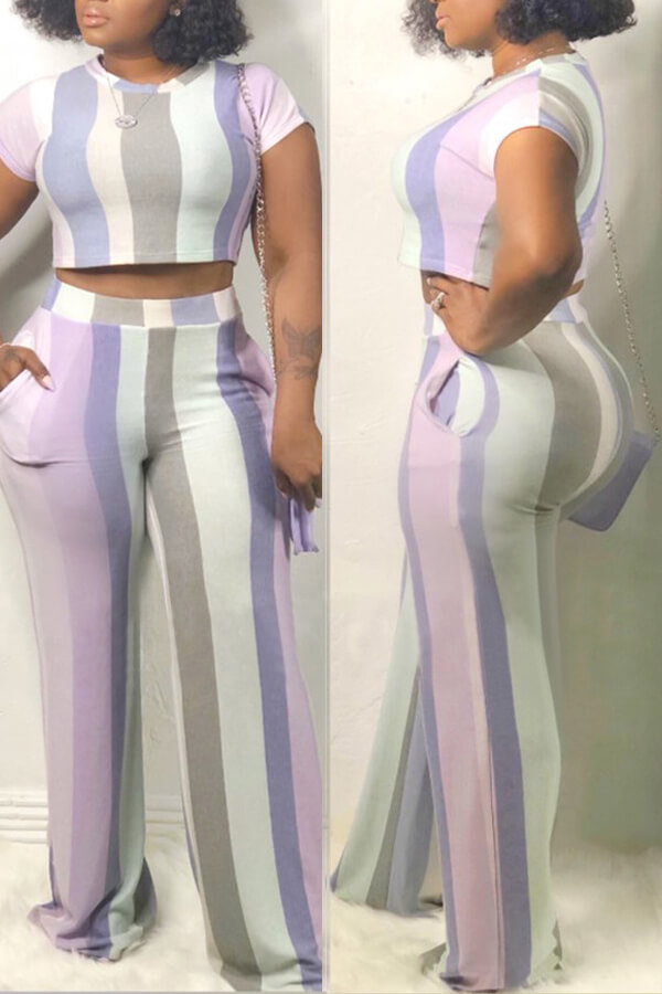

Lovely Casual Striped Purple Two-piece Pants Set