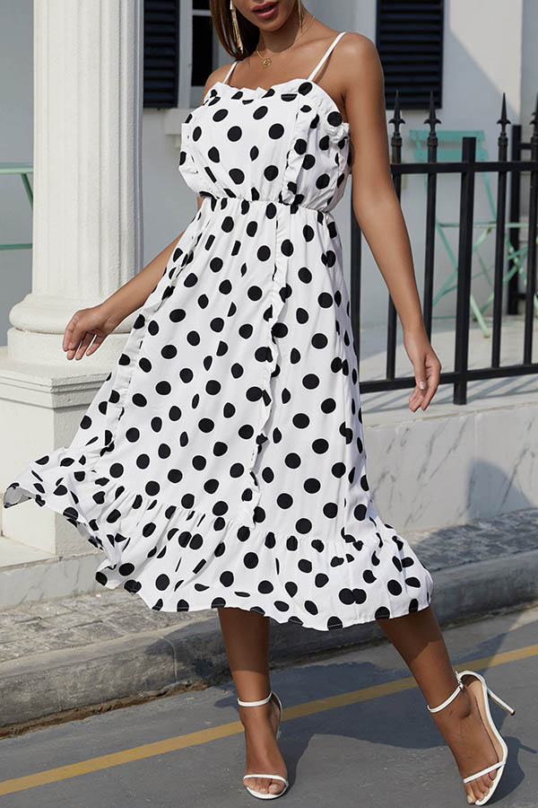 

Lovely Casual Dot Print Black Mid Calf Dress, Black dot